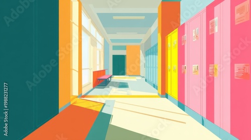 School Hallway With Colorful Lockers