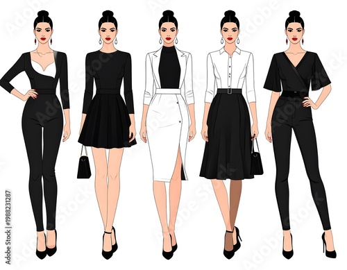 Five illustrated women showcase various chic monochromatic outfits, perfect for work or special events