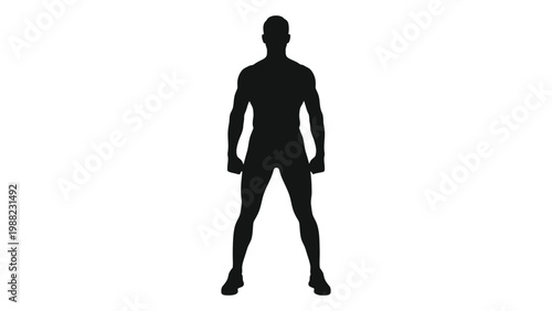 A stark silhouette of a muscular man standing in a ready position facing forward