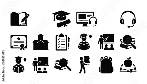 Education and e-learning icon set, 15 black solid vector symbols for school and university, academic study and online teaching graphic elements