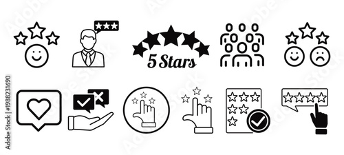 Customer review and rating icon set with stars and thumbs up symbols vector illustration.