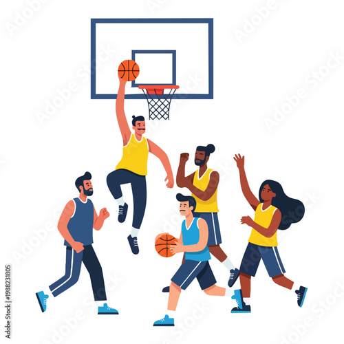 Diverse basketball team playing a game on a court.