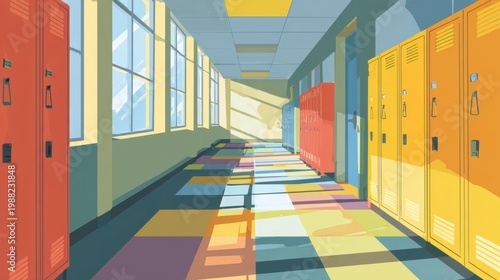 School Hallway With Lockers And Sunlight