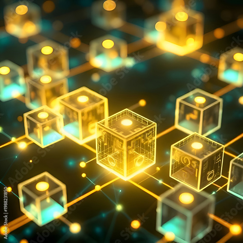 Golden Blockchain Network with Glowing Data Cubes – Fintech, Cryptocurrency and Digital Ledger Concept