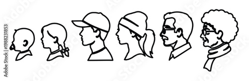 Minimalist line art profile icons of people in different life stages, human aging process from baby to elderly, black and white vector set of 6 heads