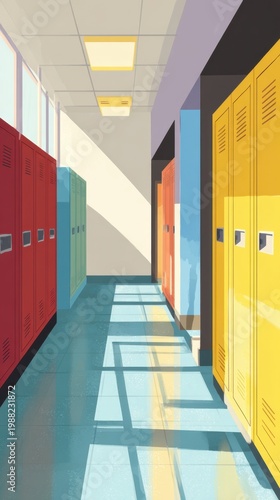 School Hallway With Colorful Lockers