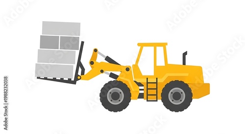 Yellow loader with forks carrying stack of grey concrete blocks on construction site, material handling