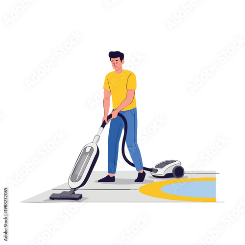 Man Vacuuming Carpet. Home Cleaning. Modern Appliance. Domestic Chore. Lifestyle.
