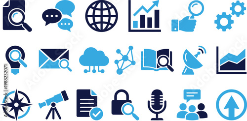 Collection of data analysis icons, research, science and business analytics symbols.