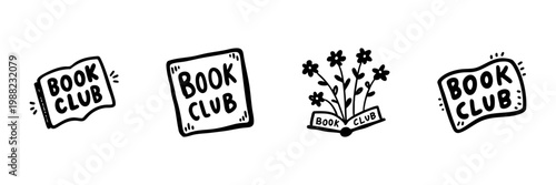 Book Club Icons In Hand Drawn Style Set. Literary Community, Reading Enthusiasts, Social Gathering Doodle Sketch Collection. Creative Book Club Promotion. Isolated Vector Illustration