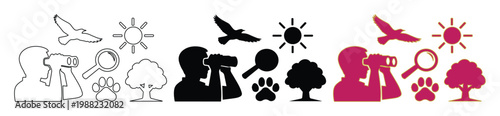 Nature exploration icon set with bird watching silhouettes, outdoor adventure symbols in black and red, wildlife observation vector elements