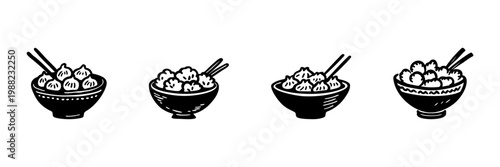 Bowls Of Dumplings With Chopsticks In Hand Drawn Style Set. Asian Cuisine, Traditional Food, Culinary Art Doodle Sketch Collection. Cultural Dining Experience. Isolated Vector Illustration