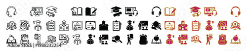 Online education icon set, e-learning and distance study vector elements, digital school and university symbols in outline, solid, and color styles