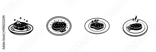 Gourmet Steak Dishes In Hand Drawn Style Set. Culinary Art, Fine Dining, Gourmet Cuisine Doodle Sketch Collection. Elegant Food Presentation. Isolated Vector Illustration