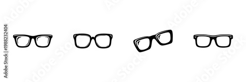 Glasses Icon Set In Hand Drawn Style. Eyewear Fashion, Vision Correction, Optical Accessories Doodle Sketch Collection. Stylish Frames Variety. Isolated Vector Illustration