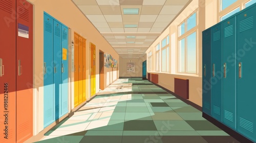 School Hallway With Lockers and Sunlight