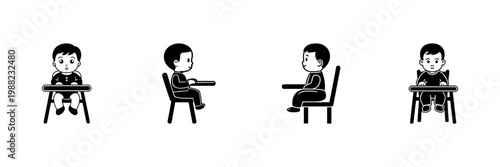 Baby Sitting In High Chair Icon Set In Hand Drawn Style. Child Feeding, Infant Safety, Mealtime Doodle Sketch Collection. Parenting And Childcare. Isolated Vector Illustration