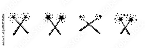 Magic Wands With Stars In Hand Drawn Style Set. Enchantment, Fantasy, Wizardry Doodle Sketch Collection. Magical Elements And Sparkles. Isolated Vector Illustration