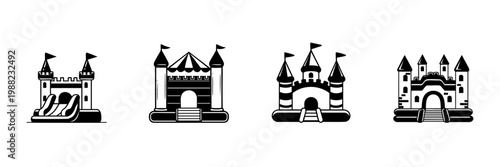Bouncy Castle Icons In Hand Drawn Style Set. Inflatable Play Structures, Kids Entertainment, Party Fun Doodle Sketch Collection. Amusement Park Elements. Isolated Vector Illustration