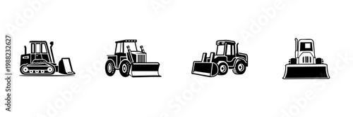 Bulldozer And Construction Vehicles In Hand Drawn Style Set. Heavy Machinery, Earthmoving Equipment, Industrial Work Doodle Sketch Collection. Construction Site Tools. Isolated Vector Illustration