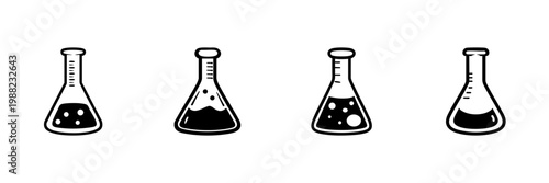 Laboratory Flasks With Liquid In Hand Drawn Style Set. Chemistry Experiment, Scientific Research, Chemical Reaction Doodle Sketch Collection. Science Education Tools. Isolated Vector Illustration
