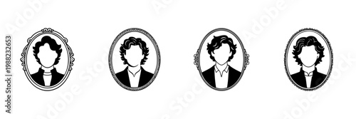 Silhouette Portraits Of Men In Vintage Frames In Hand Drawn Style Set. Classic Male Profiles, Historical Fashion Doodle Sketch Collection. Elegant Decorative Design. Isolated Vector Illustration