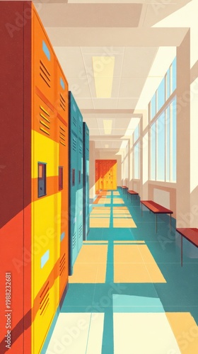 School Hallway With Lockers and Sunlight
