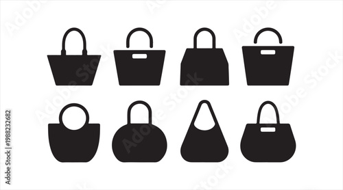 Black handbag icons arranged in grid, simple fashion and shopping illustration