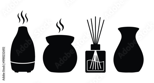 Aromatherapy diffuser and home fragrance icons, black silhouette essential oil humidifiers and reed diffuser set, wellness spa scent vector