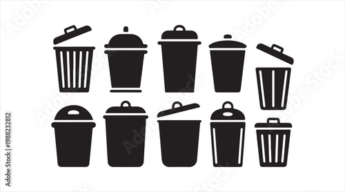 Collection of trash bin icons in flat style for waste management and recycling themes