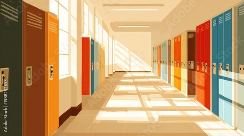 School Hallway With Colorful Lockers