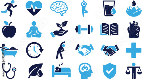 Diverse healthcare and healthy lifestyle icons collection blue dark blue.