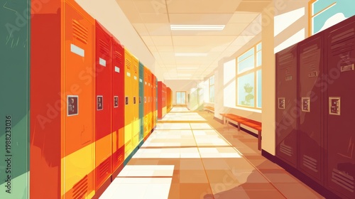 School Hallway With Colorful Lockers