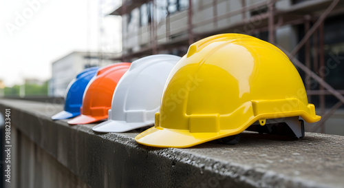Colorful construction helmets line a concrete barrier safety first