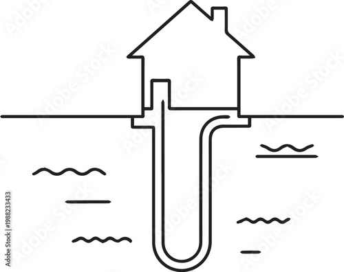 Geothermal heating system outline vector diagram