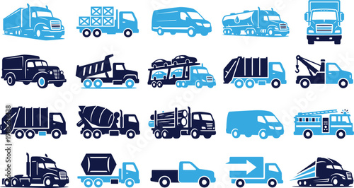 Various truck and vehicle icons representing transportation logistics and delivery services.