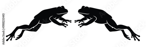 Black frog silhouette vector illustration, jumping toad animal graphics, symmetrical amphibian silhouettes for nature logos and wildlife branding