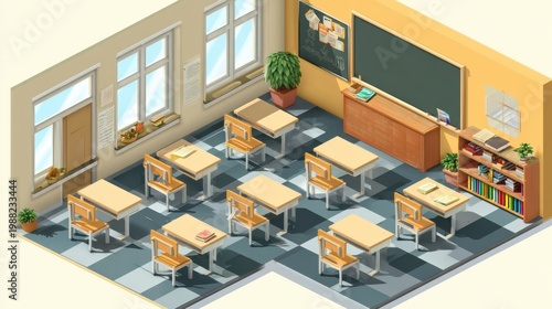 Classroom Interior with Desks and Chairs