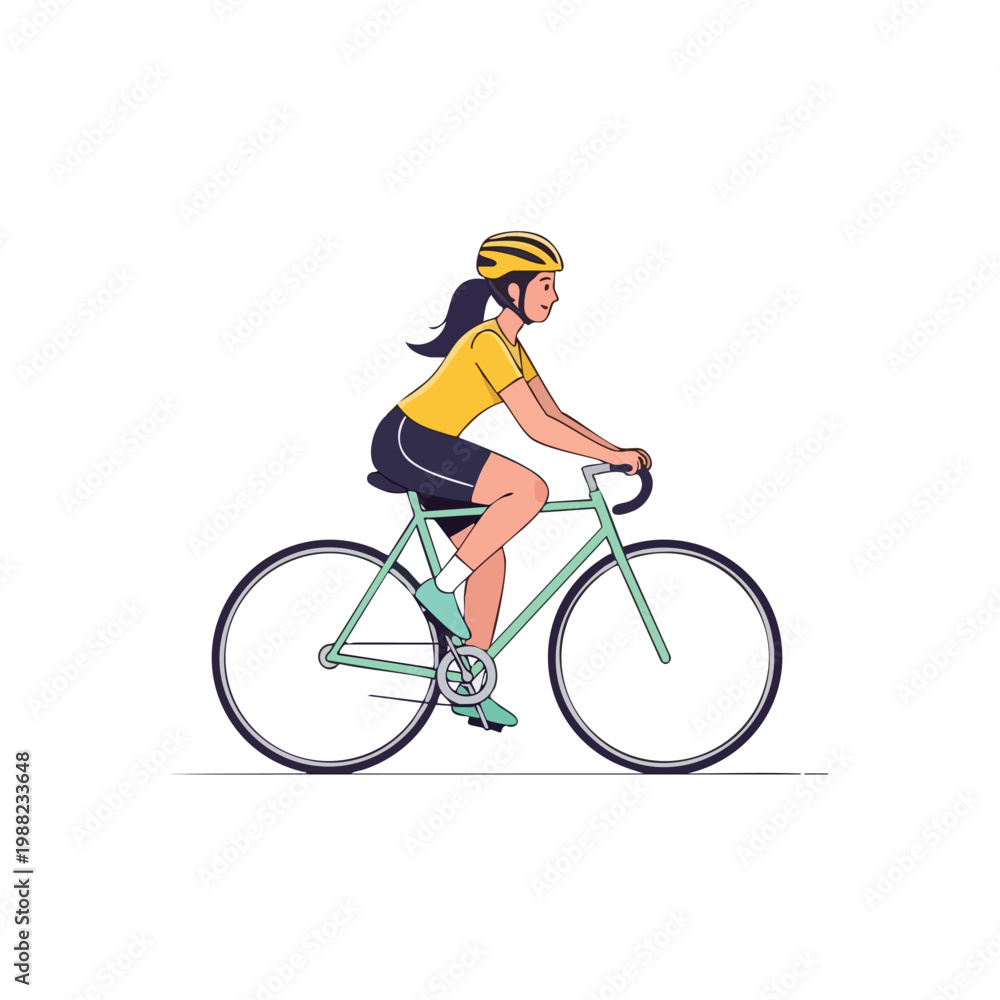 Naklejka premium Woman Cycling. Sportive Woman Riding Bicycle. Active Lifestyle. Outdoors. Flat Illustration.
