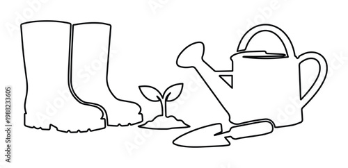Minimalist gardening line art vector, rubber boots and watering can illustration, garden tools and seedling sprout outline icons for hobby farming