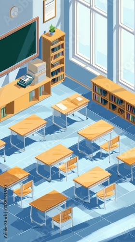 Empty Classroom With Desks and Bookshelves