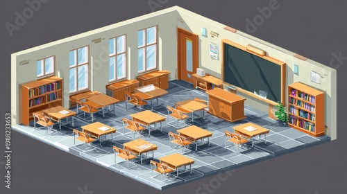 Isometric Classroom Interior With Desks
