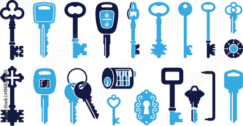 Set of keys and doors icons for security and access control vector illustration.