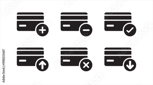 Black card icons with check, cross, plus and minus symbols for banking illustration