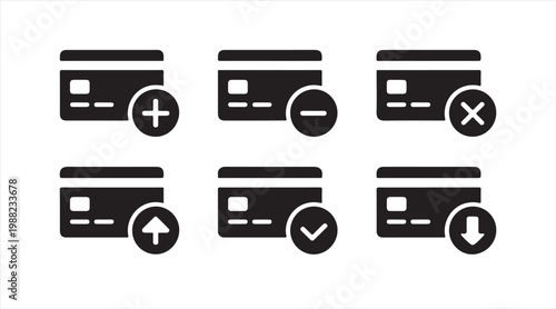 Minimal payment card symbol set showing approval, decline and transfer actions