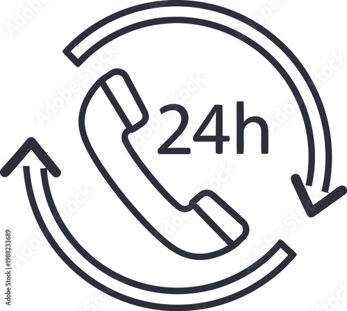 A simple black and white icon of a phone with a circular arrow indicating 24 hour service