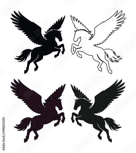 Pegasus mythical winged horse silhouette collection, flying stallion vector set, black and white mythological creature icons for heraldry and logos