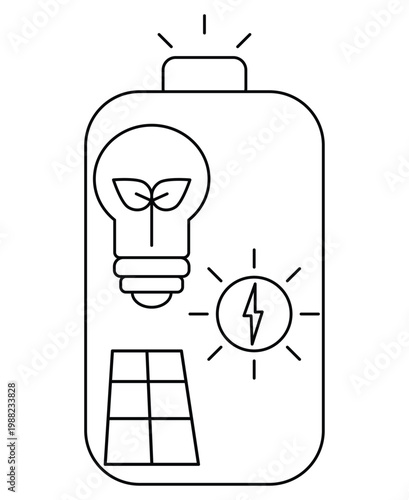 Green energy battery icon with solar panel and eco light bulb, renewable power source vector, sustainable electricity concept illustration