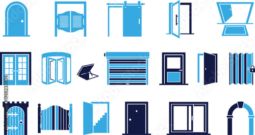Collection of various door and gate icons representing different entry and access styles.