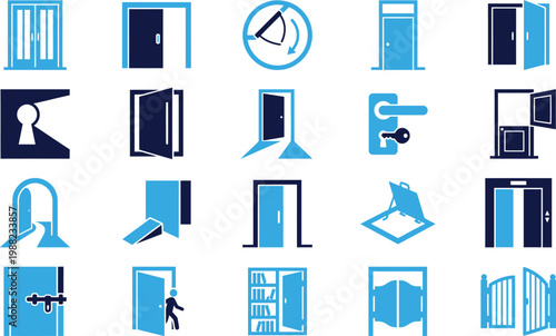 Collection of doors opening and closing with keys and security features vector.